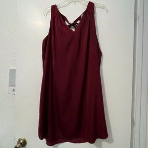 Maroon burgundy red sleeveless silk midi dress with tie back